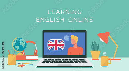 learning english online course or on laptop computer concept, e-learning and distant learning, education of foreign language lesson on internet, vector flat design illustration