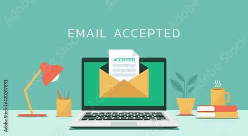 email accepted on laptop computer screen concept with letter and paper document, vector flat design illustration