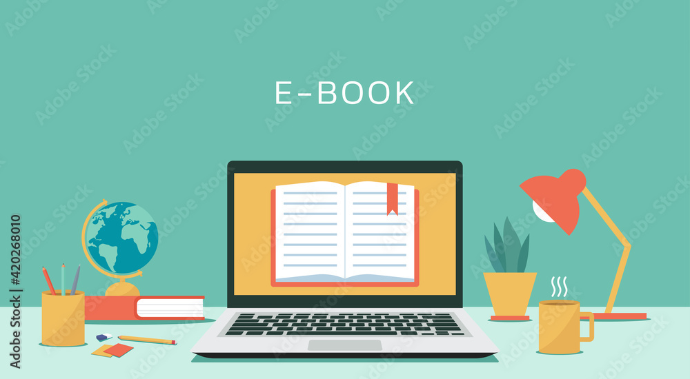 e-book concept on laptop computer with textbook, electronic education or e-learning and online learning, vector flat design illustration - obrazy, fototapety, plakaty 