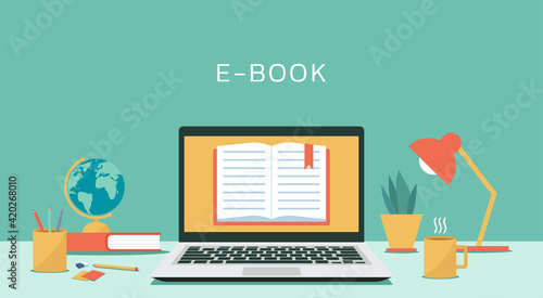 e-book concept on laptop computer with textbook, electronic education or e-learning and online learning, vector flat design illustration