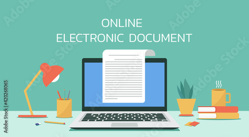 online electronic document concept, paper sheet or journal on laptop computer, vector flat design illustration