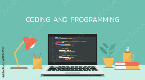 coding and programming software on window laptop computer screen concept, vector flat design illustration