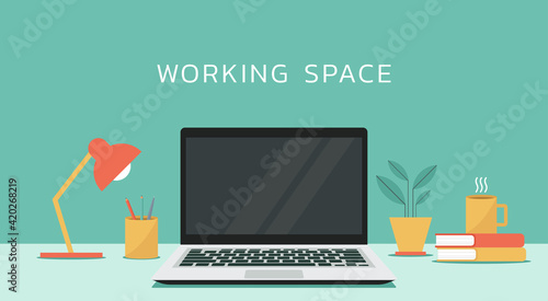 laptop computer with blank empty display screen for copy space on working space, vector flat design illustration
