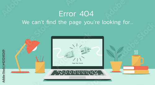 Error 404 web page not found on laptop computer concept, vector flat design illustration