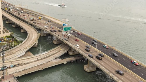Car traffic at rush hour  on Island Eastern Corridor which is an expressway built along the northeastern shore of Hong Kong Island