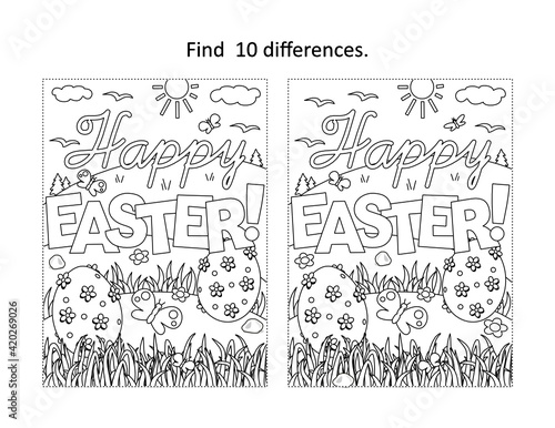"Happy Easter!" holiday greeting find 10 differences visual puzzle and coloring page with springtime scene, fresh grass and painted eggs
