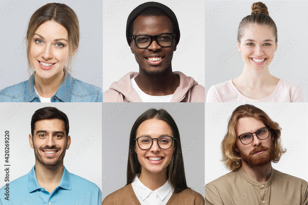 Diversity collage of portraits and faces of multiracial group of various smiling young people, best use for userpic and profile picture Diversity collage of portraits and faces of multiracial group of various smiling young people, best use for userpic and profile picture