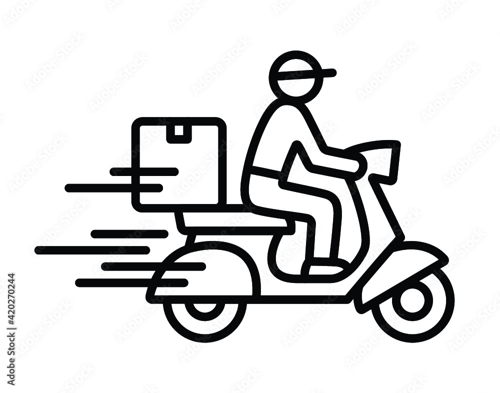 Shipping fast delivery man riding motorcycle icon symbol, Pictogram flat outline design for apps and websites, Track and trace processing status, Isolated on white background, Vector illustration Shipping fast delivery man riding motorcycle icon symbol, Pictogram flat outline design for apps and websites, Track and trace processing status, Isolated on white background, Vector illustration