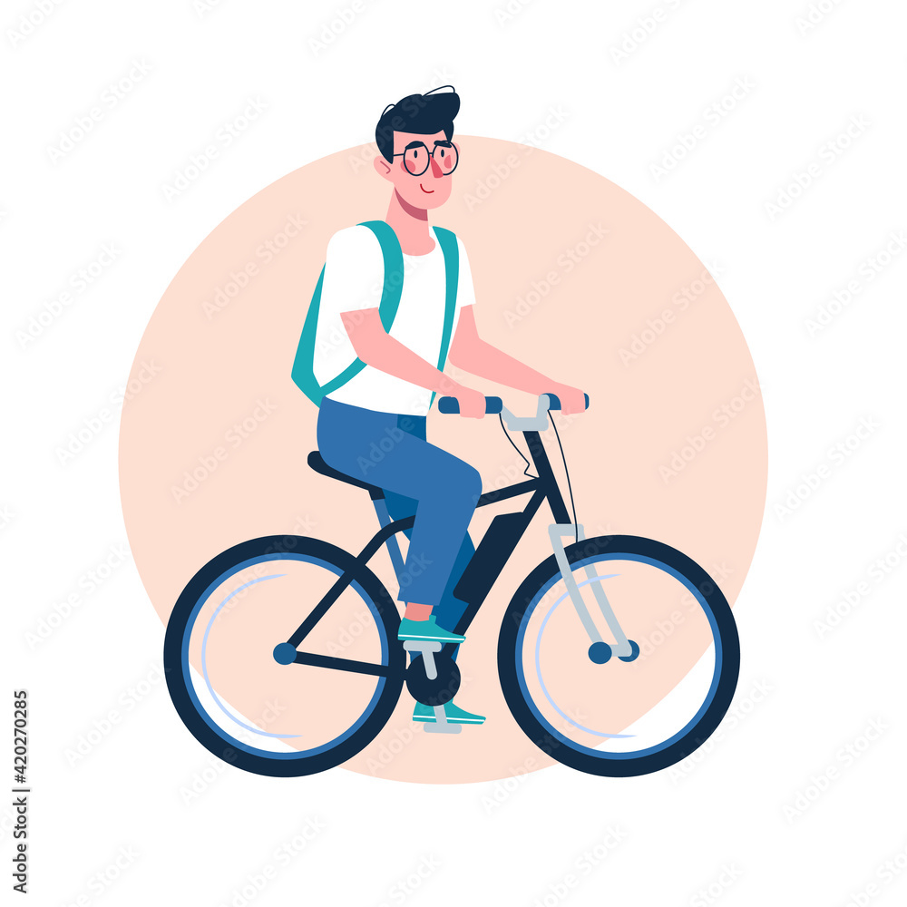 Naklejka premium The child is riding a bicycle. The boy with glasses goes to school. Vector in flat style