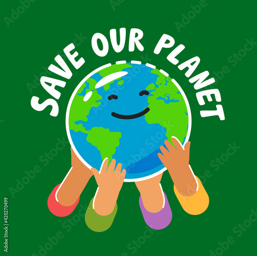 People holding globe. Hands with earth. Ecology concept poster vector illustration