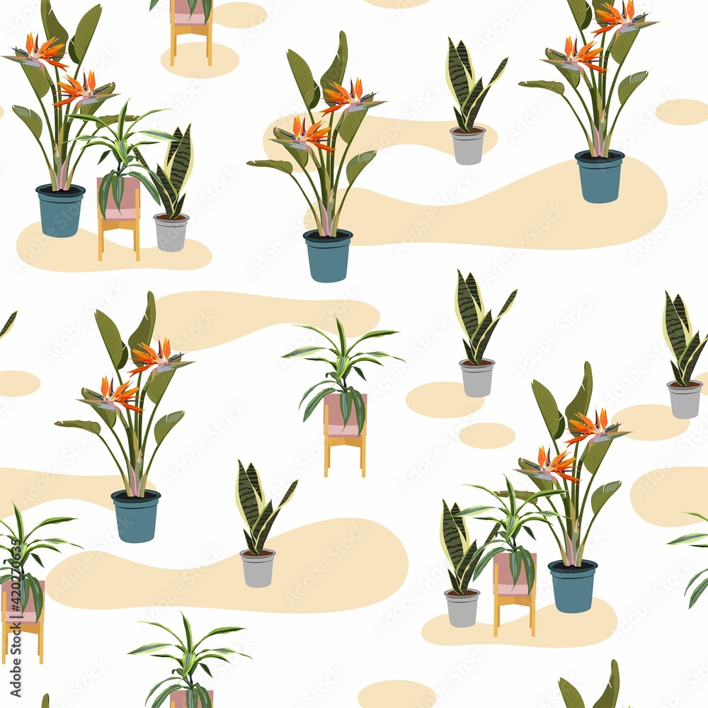 Urban jungle seamless pattern, trendy home decor with plants, branch, flowers, tropical leaves in stylish planters and pots illustration. Urban jungle seamless pattern, trendy home decor with plants, branch, flowers, tropical leaves in stylish planters and pots illustration.