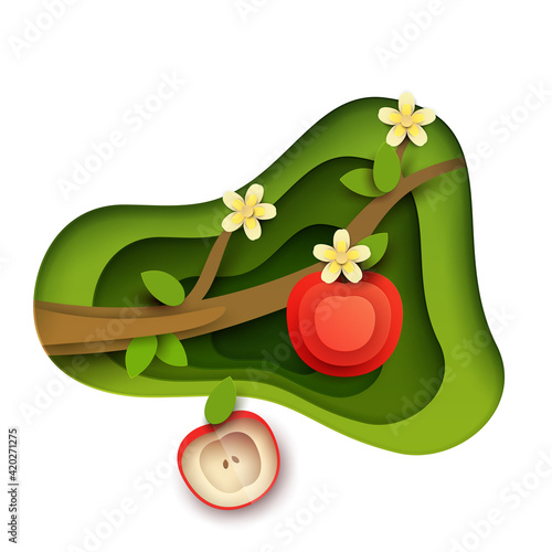 Cartoon tree branch with apple and flowers in modern geometric 3d paper cut style isolated on pink background. Vivid creative vector art element. Minimalistic concept of abstract design illustration.