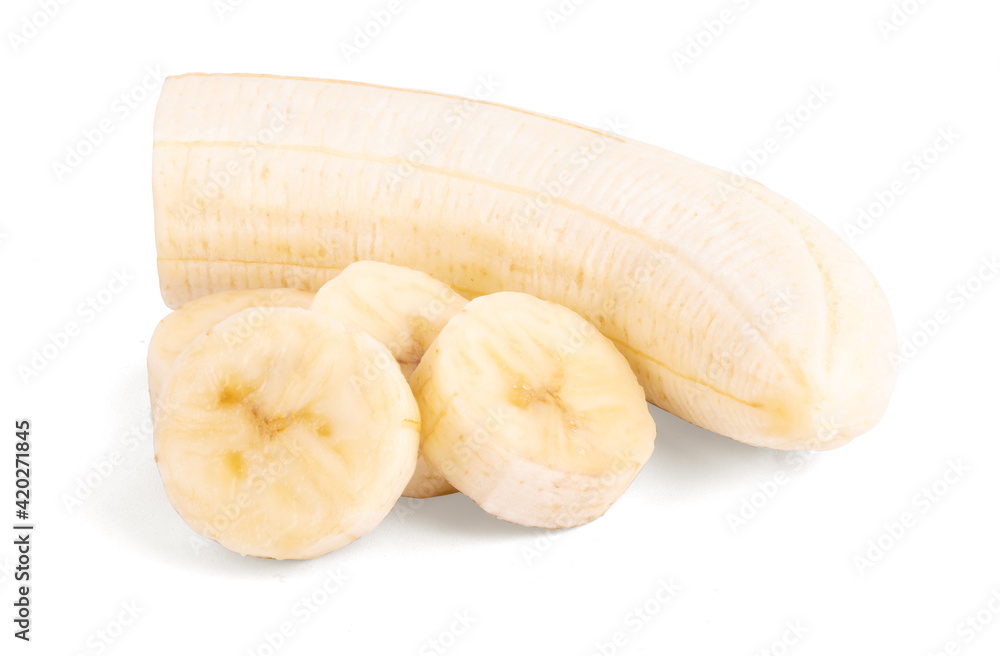 Slices of Banana fruit Isolated on a white background.