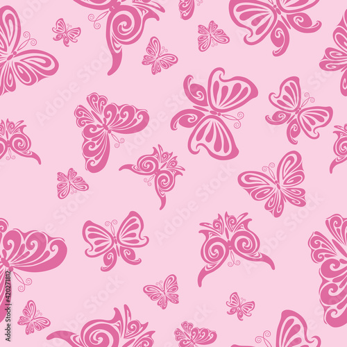 pattern, pink stylized butterflies on a pink background, vector illustration,