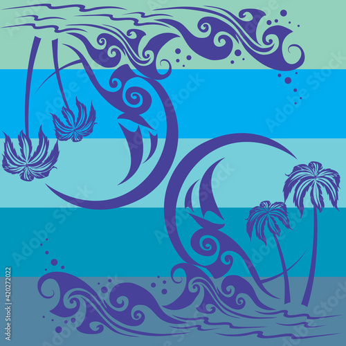 pattern, palms and beach on emerald background, vector illustration,