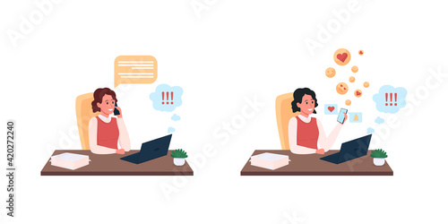 Procrastinating secretary at work flat color vector detailed character set. Woman on social media. Burnout symptoms isolated cartoon illustration for web graphic design and animation collection