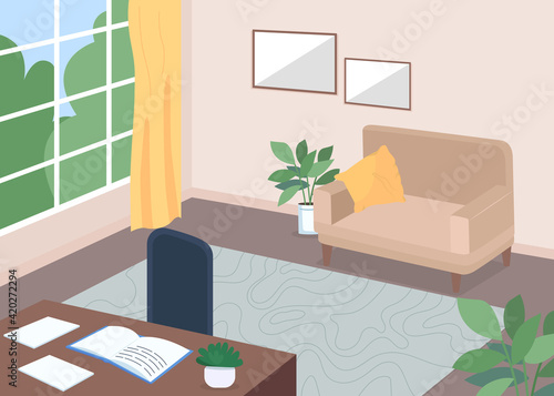Study room flat color vector illustration. Desk with open textbook. Book on table. Living room with furniture. Indoor cabinet space. Family home 2D cartoon interior with couch on background