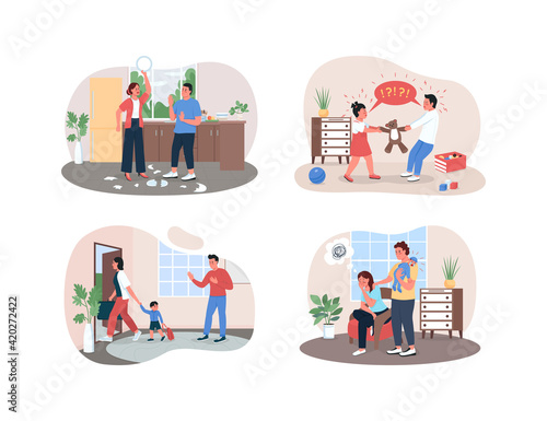 Arguing family 2D vector web banner, poster set. Upset relatives flat characters on cartoon background. Conflict and relationship crisis printable patch, colorful web element collection