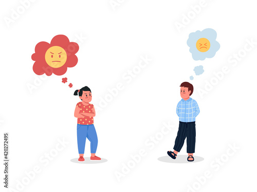 Angry children flat color vector detailed character set. Upset kids. Siblings fight. Annoyed preschooler. Family conflict isolated cartoon illustration for web graphic design and animation collection