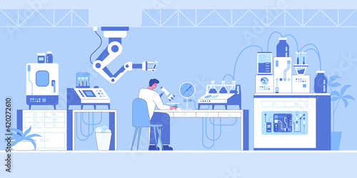 Science research laboratory interior with robotic technology