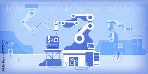 Mechanical robot arms working on automated production of microchips