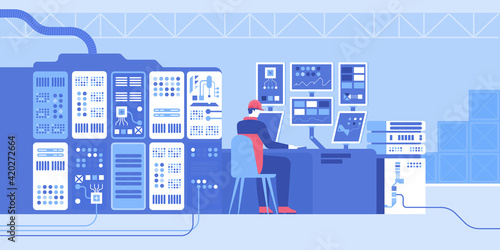 Engineer operator controls process from computer screens control panel