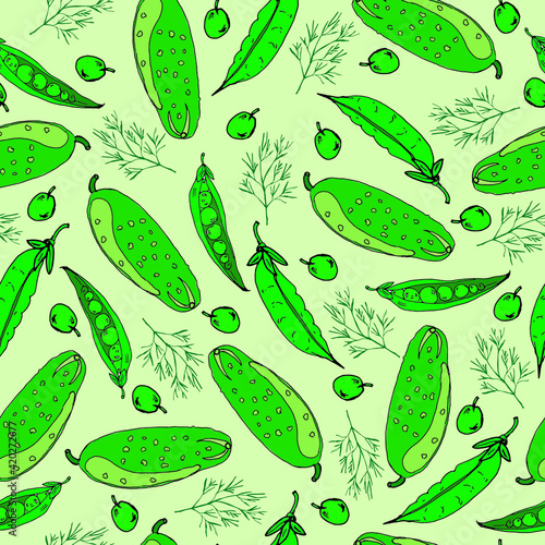 Vector vegetable pattern with green pea pods, crispy green cucumbers and dill herbs. Summer background with vegetables. Print on fabric, paper, decor for menus, food packaging, textiles, kitchen decor