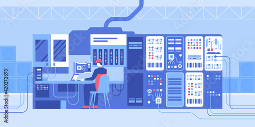 Engineer designs microchip at computer screen. Data center room interior