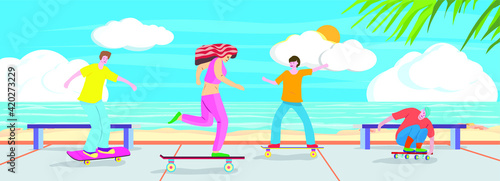 People play surfskate and skateboard on walkway with background beautiful panorama beach with blue sky.illustration picture.