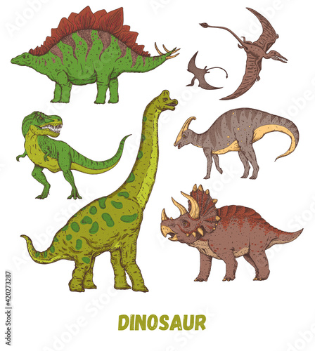 Dinosaurs hand drawn. Vector illustration. Jurassic period. Herbivorous and carnivorous dinosaur. Vector hand drawn collection.