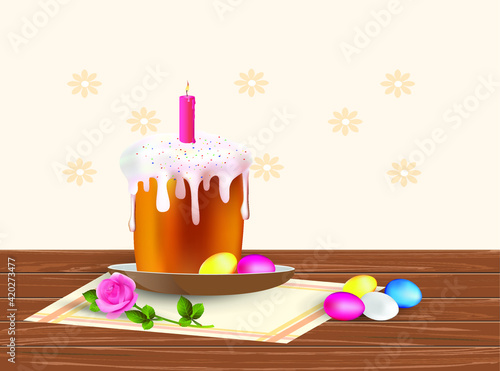 Easter cake with a candle on top in a plate, colored eggs and a delicate pink rose on a wooden table. Vector illustration. 