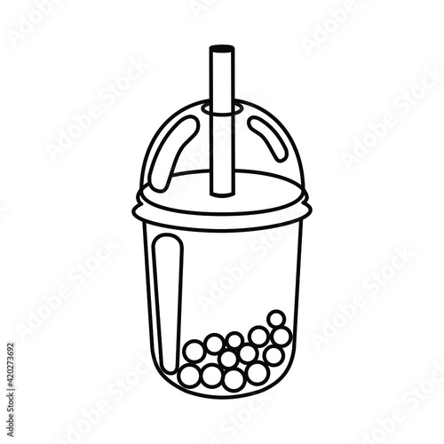 A glass of Taiwanese bubble tea and pearls. Black linear icon isolated on white background. Thin line customizable illustration. Vector outline symbol.