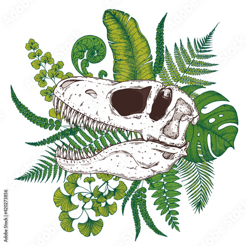 Tyrannosaurus rex and palm leaves hand drawn illustration. Tattoo vintage print. Hand drawn floral print. Tattoo design. Jungle print. Tropical illustration.