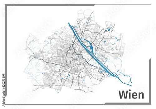 Vienna map poster, administrative area plan view. Black, white and blue detailed design.