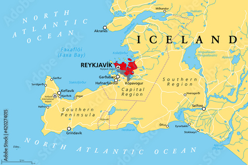 Iceland  Capital Region and Southern Peninsula  political map. Reykjavik and vicinity  with Reykjanes Peninsula  a region in southwest Iceland  with cities  rivers and lakes. Illustration. Vector.