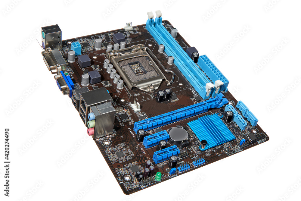 The motherboard is placed diagonally against a white background. The motherboard is placed diagonally against a white background.