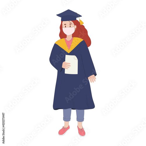 Graduate in a protective medical mask. Graduation ceremony. During the COVID-19 epidemic. Prevent the coronavirus. Woman in an academic gown. Flat vector design.