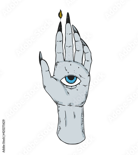 Mystic and occult hand. Palm with an all-seeing eye. Mystical print. Hand drawn vector illustration.