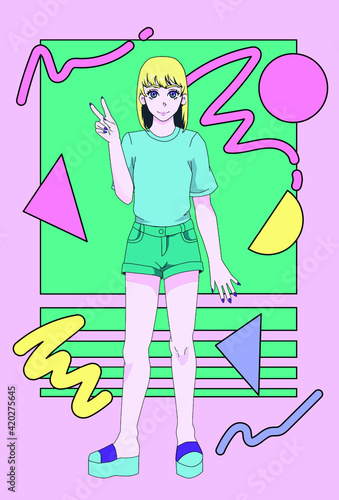 Poster with anime girl personage, cartoon female character. Cover illustration in vaporwave and memphis aesthetics style of the 90's.