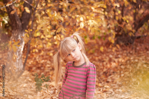 Portrait of a girl with blond hair. Pensive girl in the autumn park.