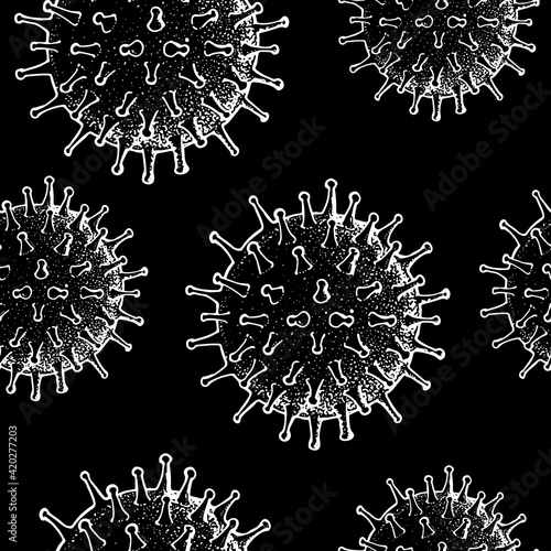 Coronavirus COVID-19 seamless pattern. Biology organisms background in vintage engraved style. Respiratory virus infection illustration. Hand drawn corona virus illustration