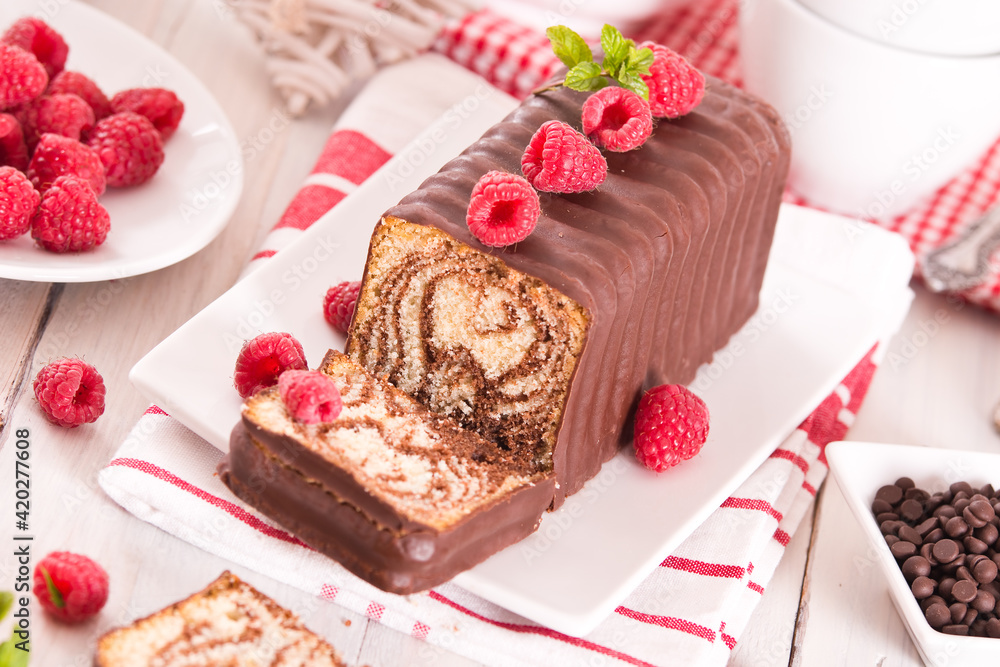 Marble cake with raspberries. Marble cake with raspberries.