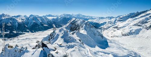 Aerial image of the Great Aletsch Glacier and Fiesch valley, viewed from Eggishorn