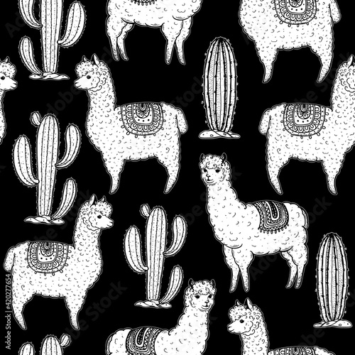 Alpaca seamless pattern. Hand drawn vector illustration. Cute llamas and cactus. Alpaca, llama, cactus background.