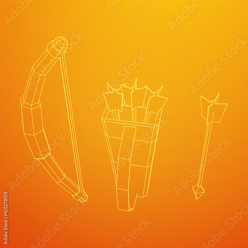 Medieval Bow and arrow archer weapon. Wireframe low poly mesh
