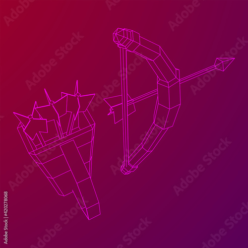 Medieval Bow and arrow archer weapon. Wireframe low poly mesh