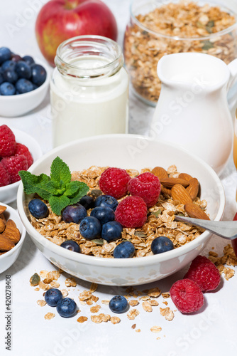 healthy breakfast. granola, fresh berries and fruits, vertical