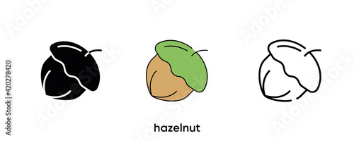 Hazelnut icon design. Hazelnut icon set in silhouette, colored and linear. Hazelnut icon line vector illustration isolated on a clean background for your web mobile application logo design.