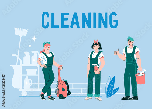 Banner for cleaning company with cleaners team, cartoon flat vector illustration on blue background. Cleaning service website banner or poster template.