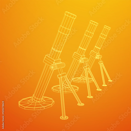 Firearm weapon army mortar and mine. Wireframe low poly